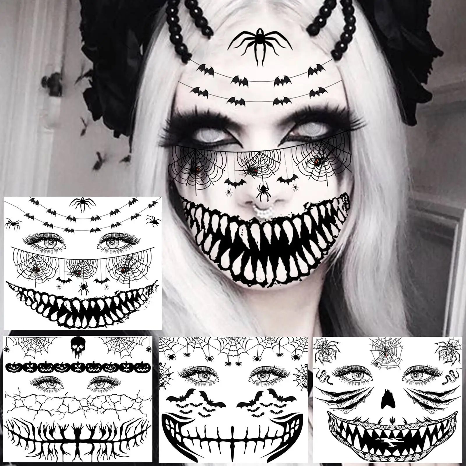 4-Blatt schreckliche Gesichts-Tattoos, Zombie-Monster-Stich-Mund, temporäre Tätowierung für Männer, Frauen, Erwachsene, Halloween-Kostüm, gruselig