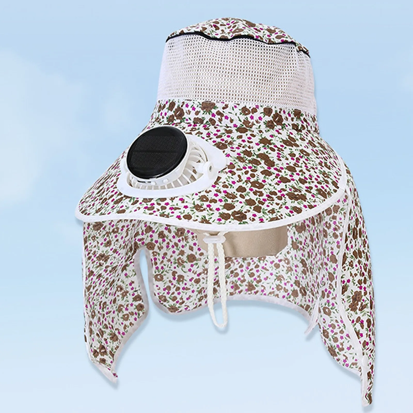 Women Outdoor Anti-uv Sunscreen Cap With Solar Fan Breathable Summer Floral Sun Cap Rechargeable Hat Cooling Fan