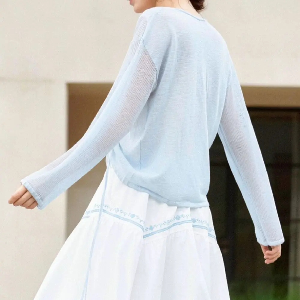 Summer Elegant Hollow Out Knitted Top Women Fake Two Piece Pullover Blue Long Sleeve Casual Breathable Sunscreen Blouse