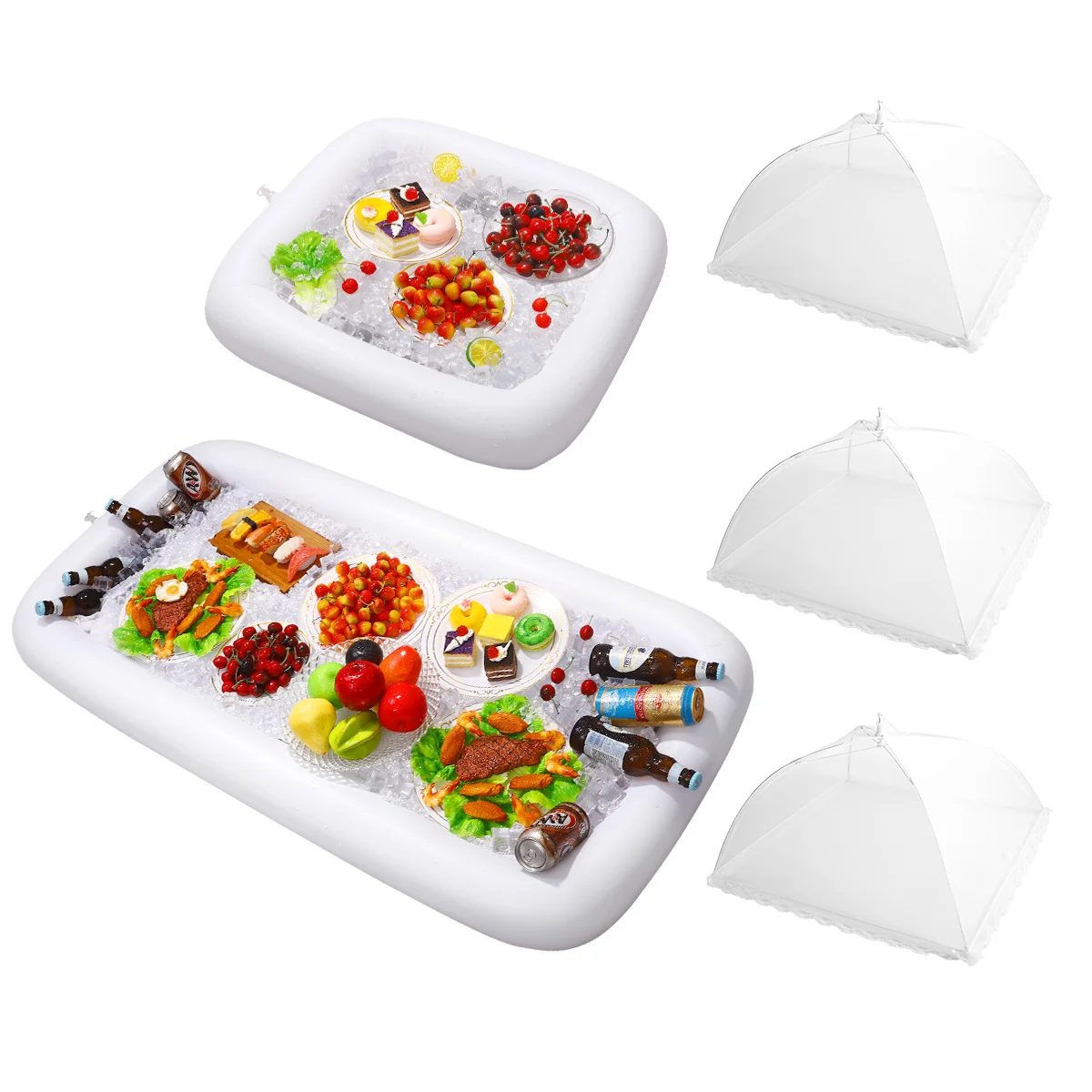 

Inflatable Serving Bar Salad Fruit Tray with Mesh Food Tent Set Square Food Umbrellas for Bbq Picnic Pool Outdoor Party