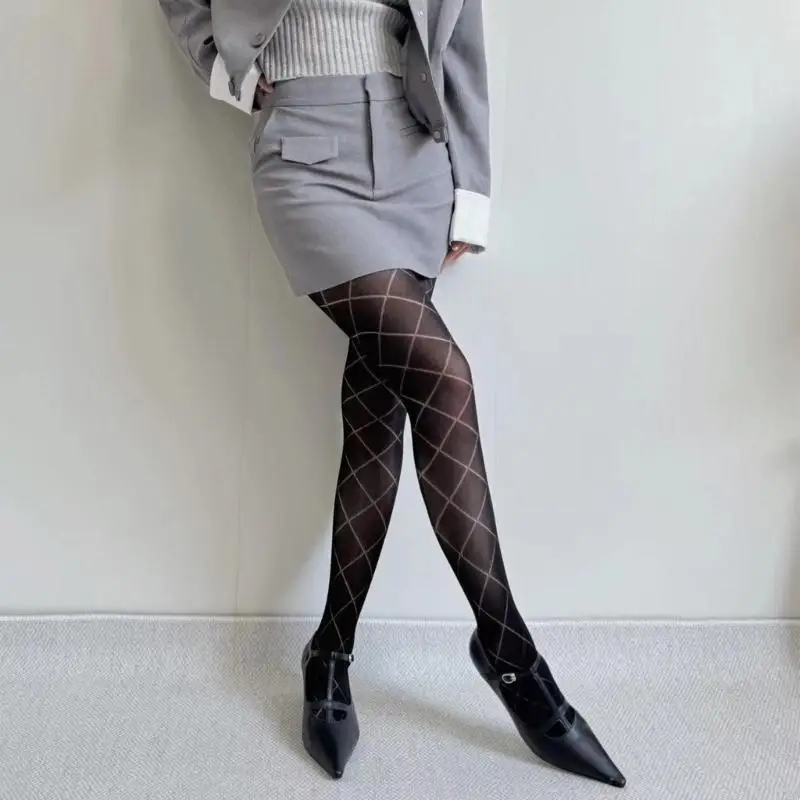 

L5YC Classical Solid Color Tights for Women Fashionable Hollowed Out Plaids Pattern Semi Sheer Pantyhose Stocking