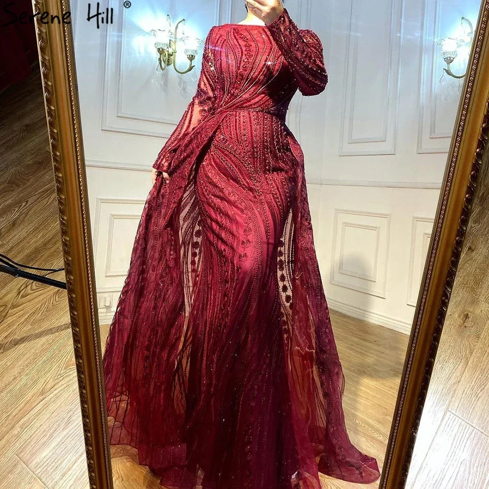 Serene Hill Wine Red Long Sleeves Overskirt Evening Dresses Beaded Party Gowns For Women Plus Size DLA70836 Customized