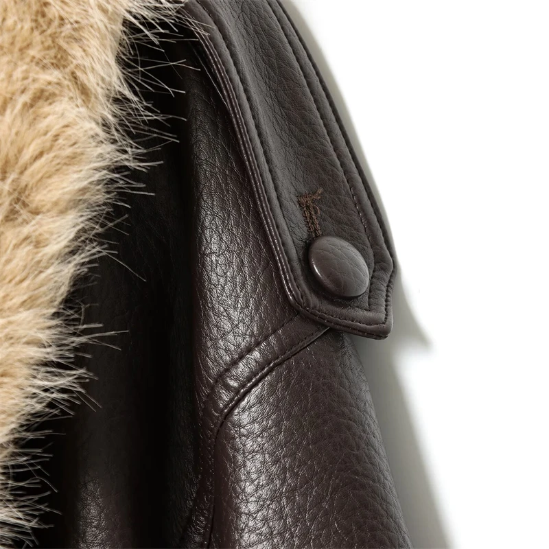 Keanketian 2025 inverno nova pele sintética feminina decorada jaqueta de couro artificial moda luxo duplo breasted grosso casaco quente