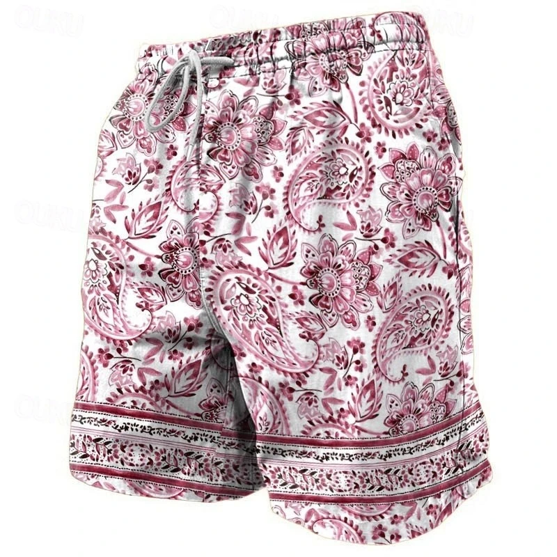 Summer Men Fashion Vintage Paisley print Beach Short For Men Quick Dry Drawstring Loose Board Shorts Daily Casual Breathable