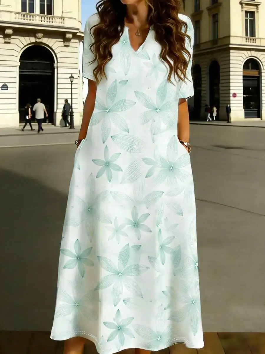 

V Neck Midi Dress White With Light Blue Floral Print Summer Casual Elegant Vacation Simple Breathable Short Sleeve