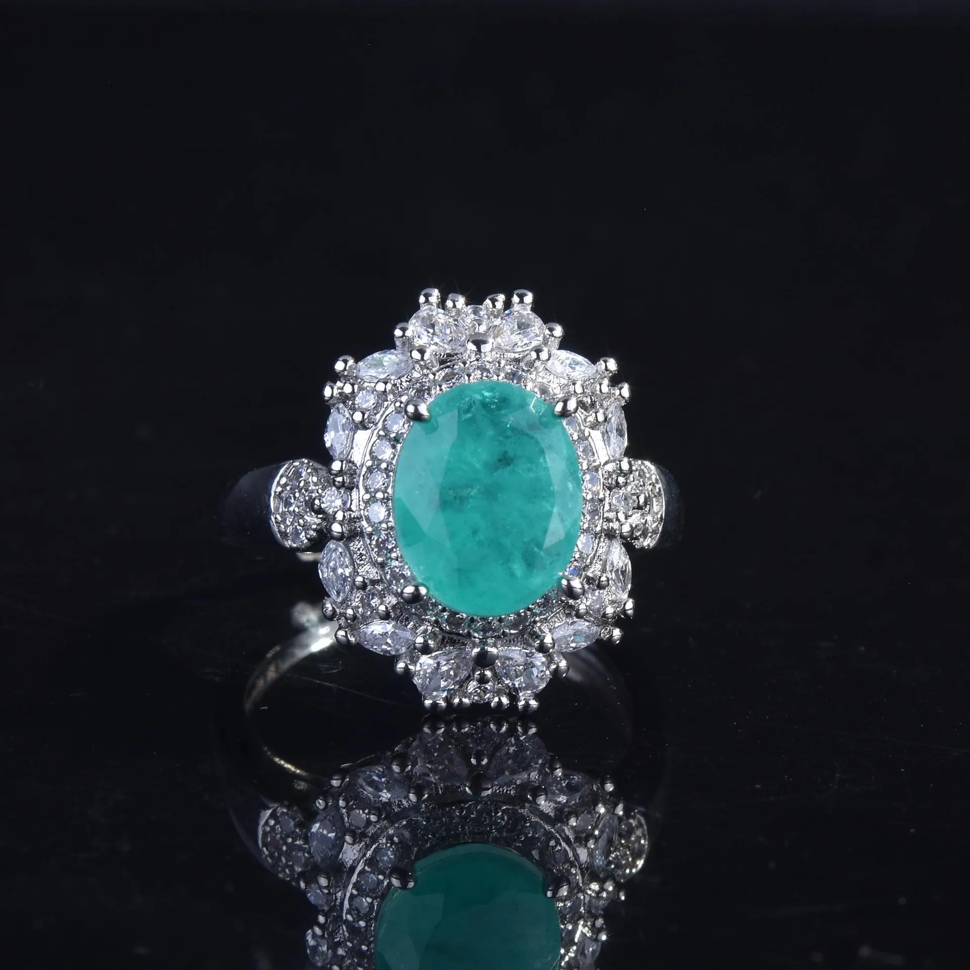 Silver Oval Shape Paraiba Tourmaline Gemstone Jewelry Set for Women Earring Ring Necklace Set Ladies Trendy Vintage Jewelry Gift