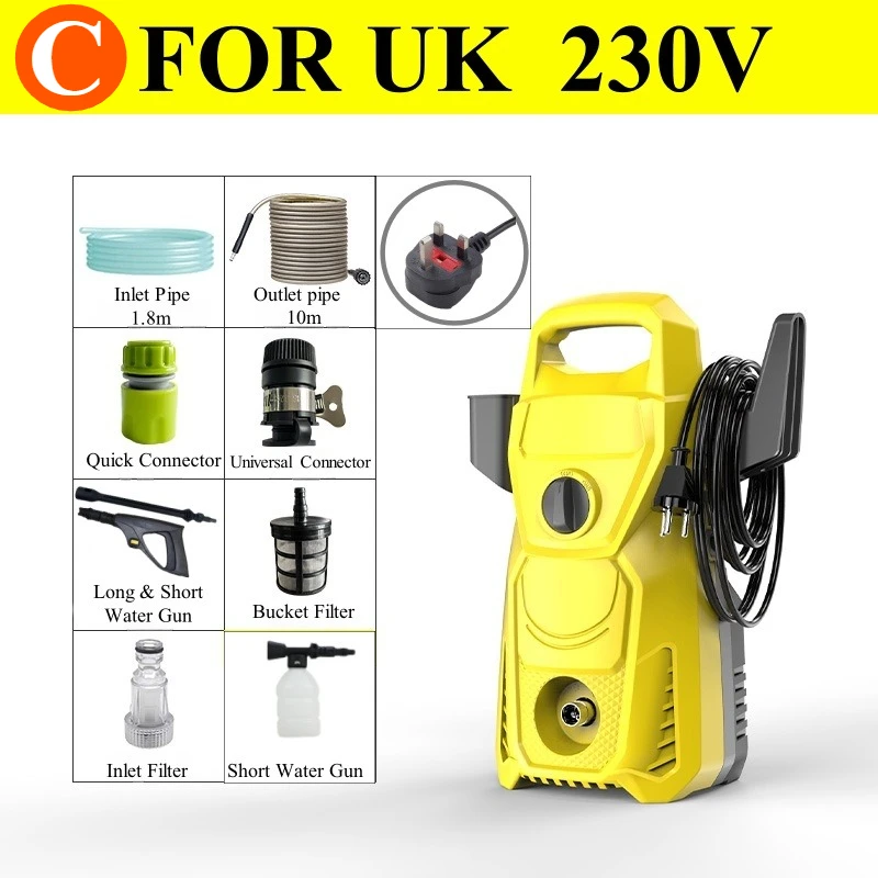 Para o reino unido 230v padrão inglês lavagem de carro elétrico jardim pistola água spray limpador energia lavadora mangueira carretel canhão espuma incluído