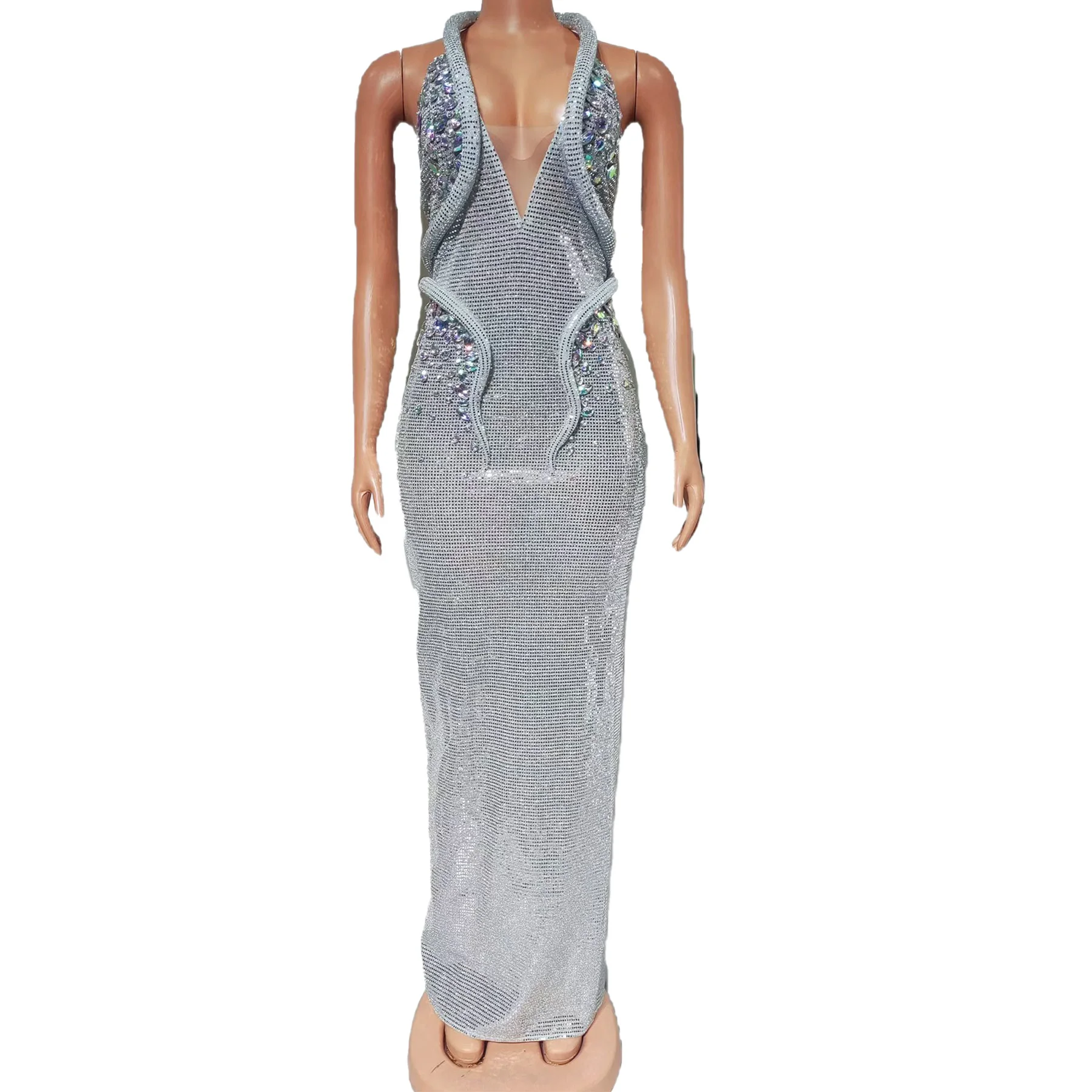 Yaonao Luxury Women Full Diamond Dress Sexy V-neck Crystal Diamond Hanging Neck Dress Prom Gowns Birthday Cocktail Dinner Dress