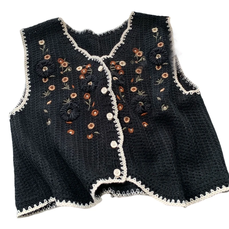 Gilet tricoté au Crochet pour femmes, gilet brodé feuilles florales, col en boutonné, Cardigan sans manches pour veste,