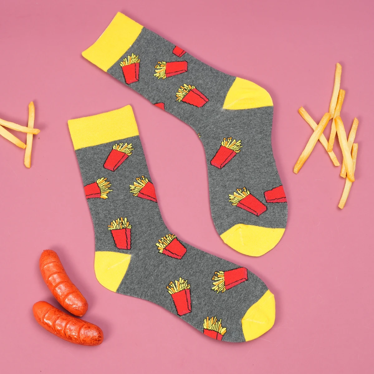 1 Pair French Fries Print Middle Tube Men's and Women's Socks Fashionable For Daily Suit In All Seasons For Daily