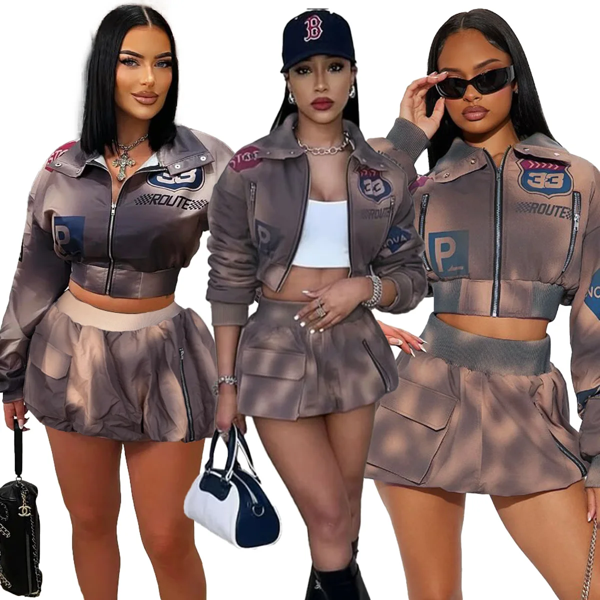 Divertente stampato donna 2 pezzi set fitness cerniera Fly Crop giacca a vita alta gonne a pieghe set coordinato 2025 autunno nuovo streetwear