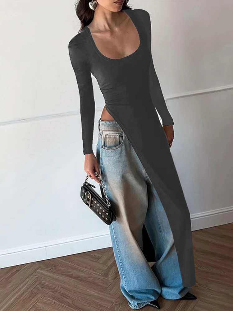 이국적인 미국 스트리트 스타일 쿨하고 매력적인 여성용 U넥 비대칭 밑단 슬림핏 미디 티셔츠 폴리에스터 긴팔