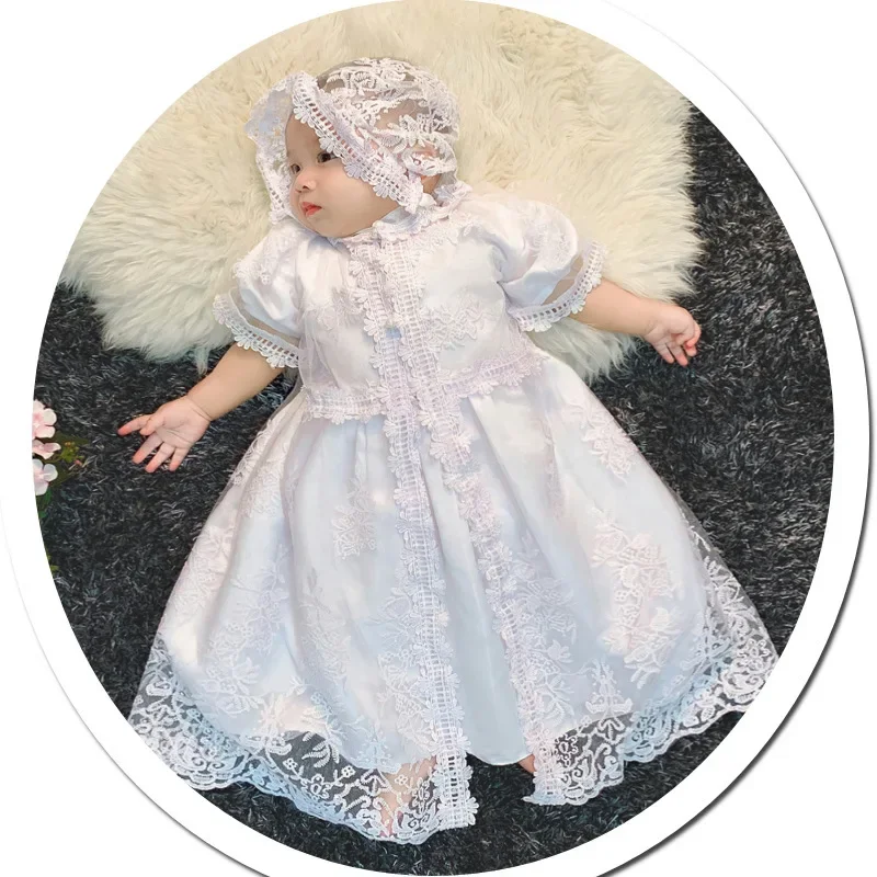 Baby Girl Dress Toddler White Princess Dress Pleated Lace Dresses+hat Baby Cake Sash Outfit Newborn Photoshoot Birthday Gown