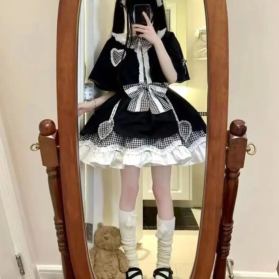 

MAGOGO Doll Party Kawaii Lolita Three-piece OP Dress Women Harajuku Cute Bow Black Plaid Ruffles Mini Dress Shawl Hand Sleeve