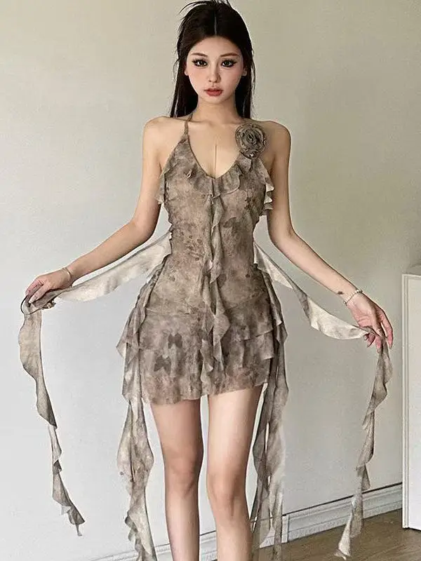 Vestido E e Sexy com Babados e Decote em Camadas, Saia Curta Irregular de Cintura Alta, Estilo Verão para Mulheres