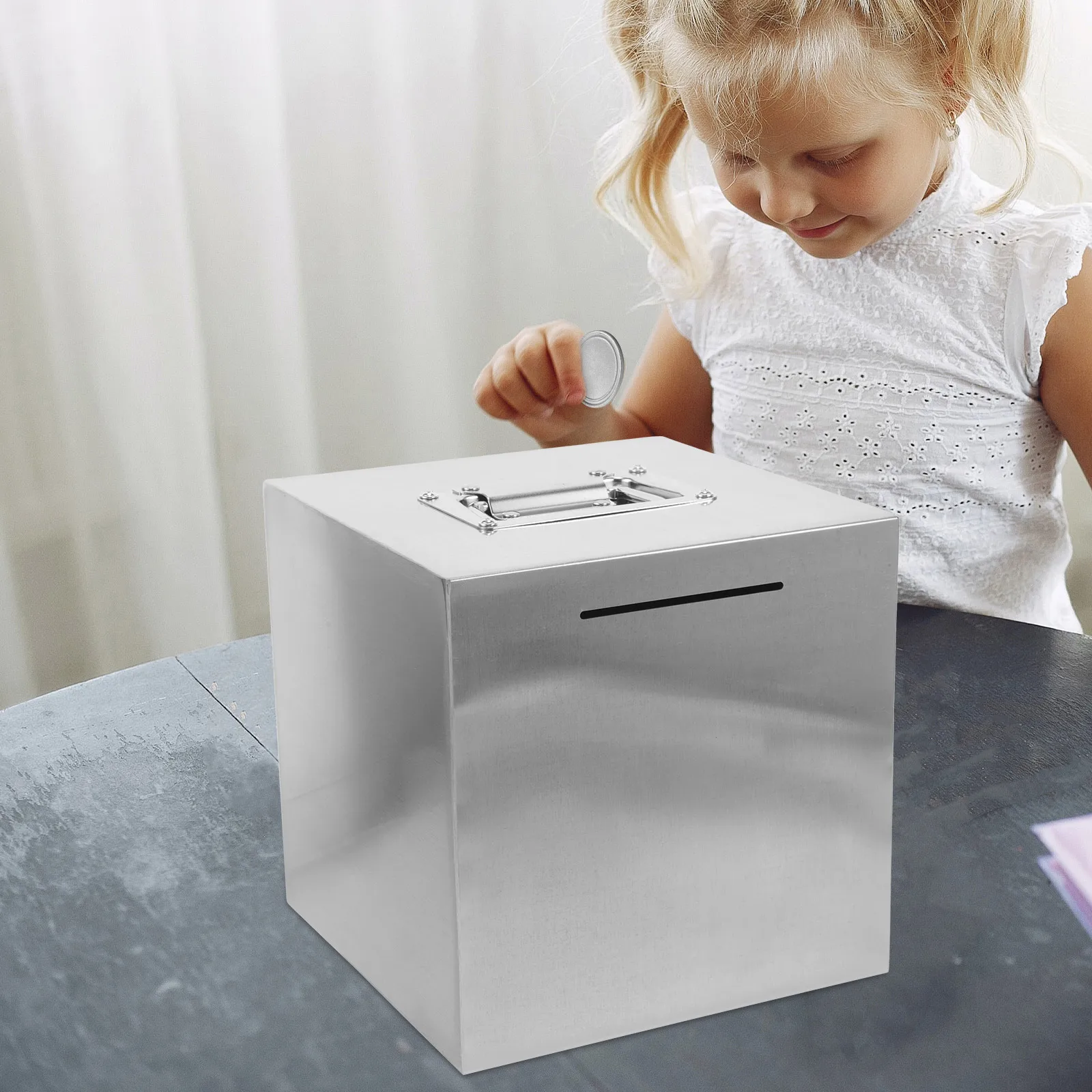 

Stainless Steel Piggy Bank 20x20cm Money Saving Box for Adults Portable Coin Bank Decoration Metal Savings Container Adult