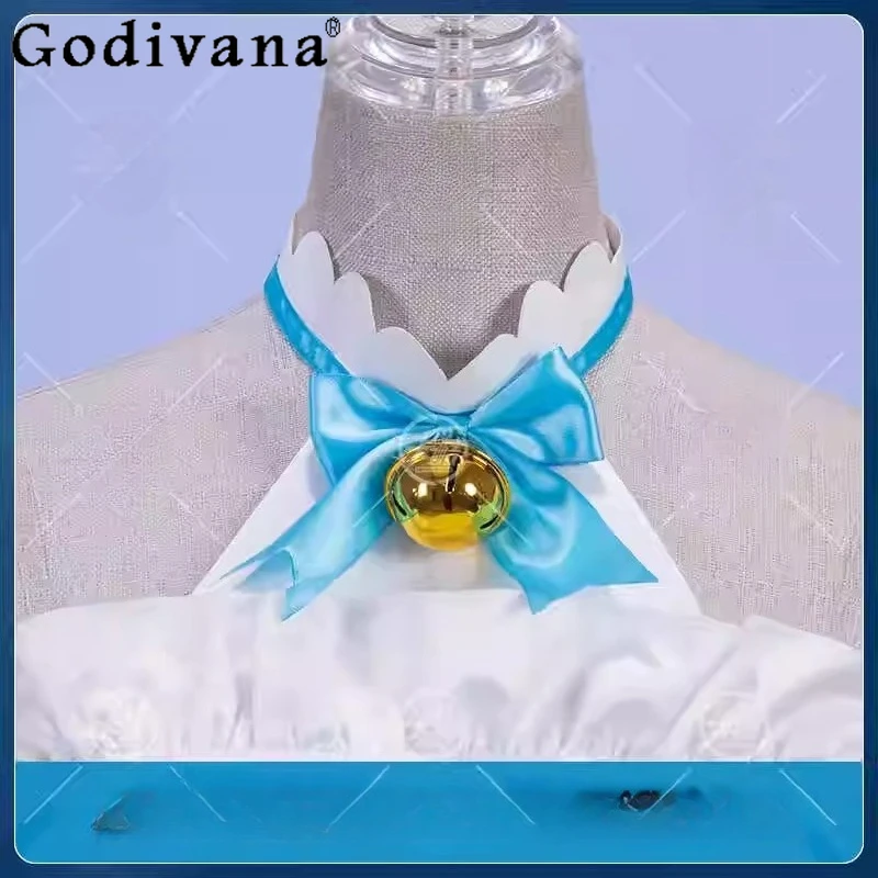 Abito adorabile cosplay per costume da donna, costume da festa di Halloween, set completo da gioco per festival con design a fiocco bianco blu