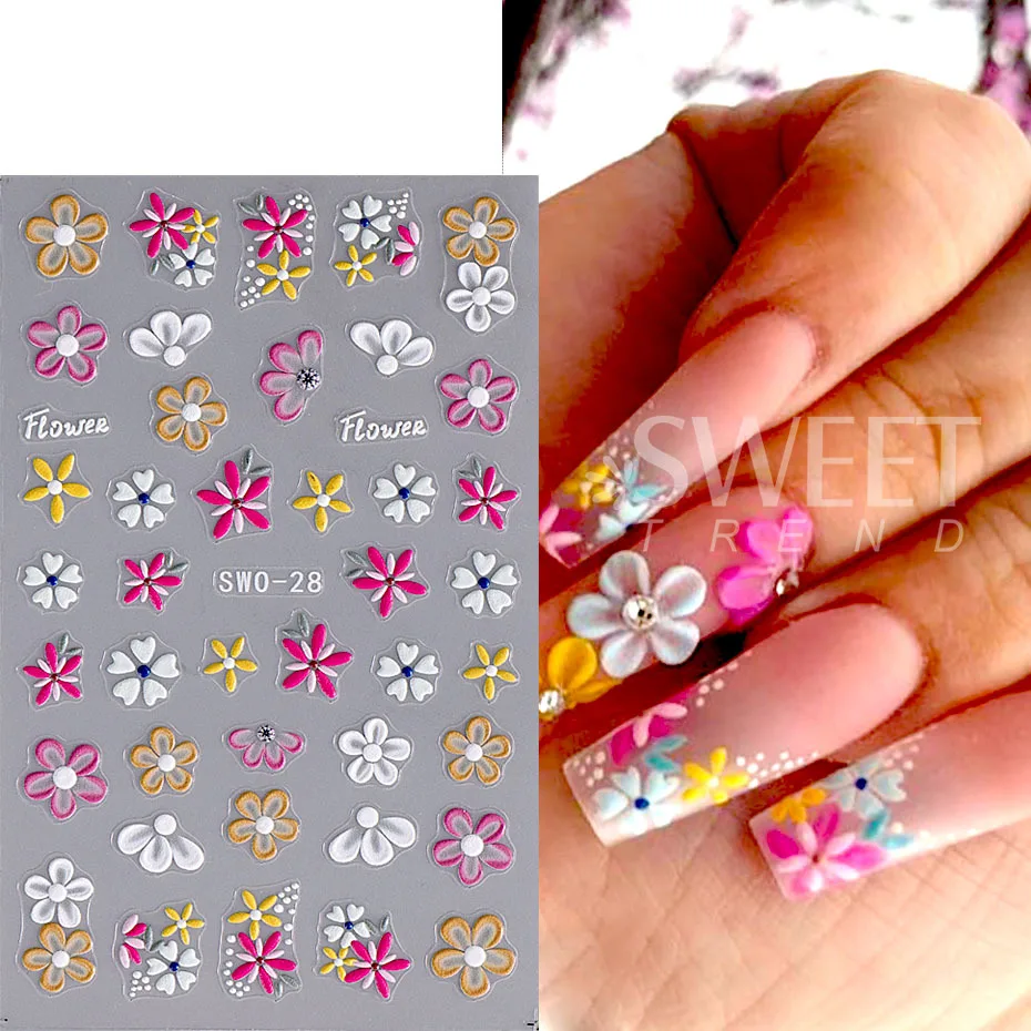 ملصق منقوش للأظافر بزهرة 5D ، بتلات أكريليك بيضاء وردية ، ملصق لاصق ، منزلقات أظافر أنيقة زهرية ، ديكور مانيكير ذاتي الصنع مريح