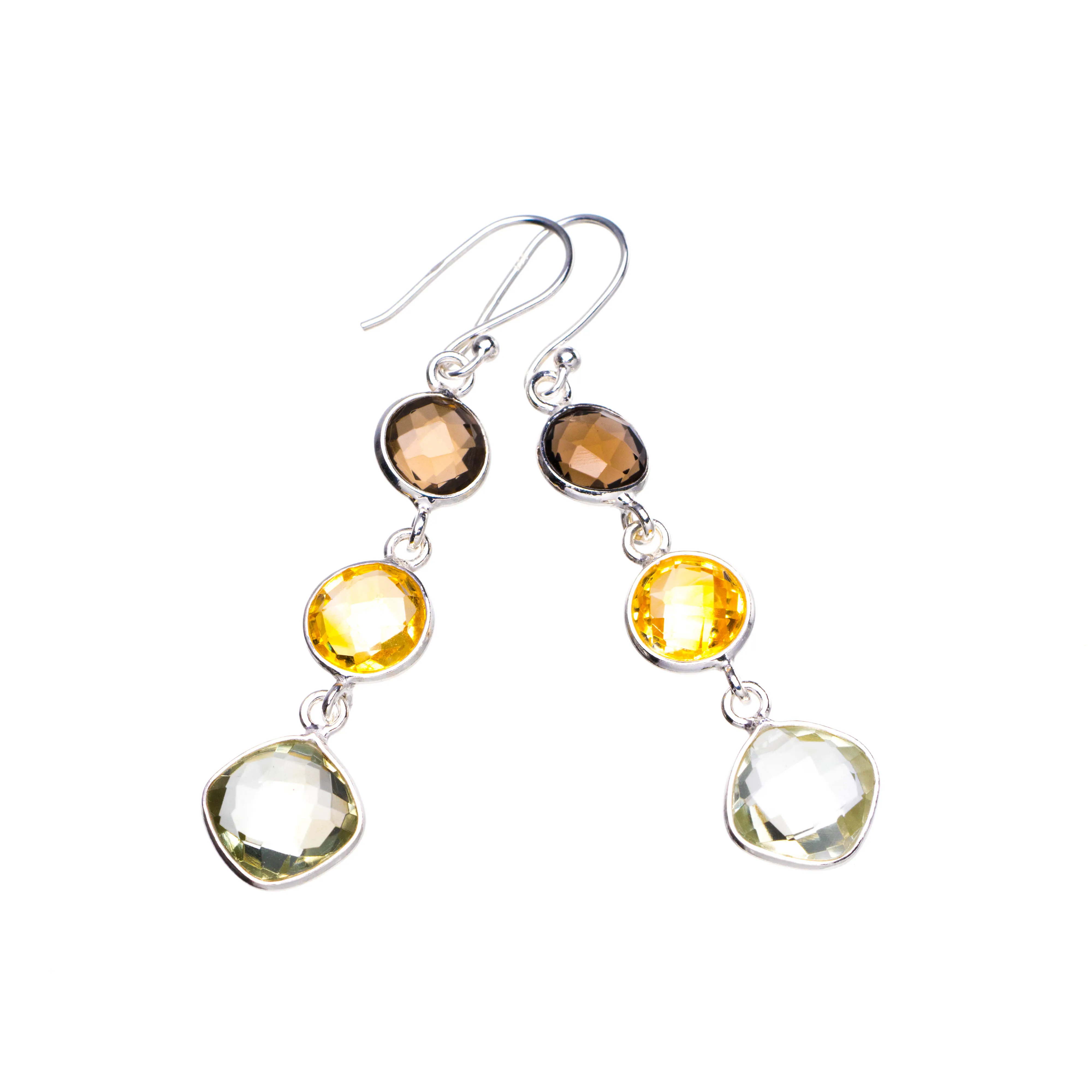 StarGems Natural Green Amethyst,Citrine And Smoky Quartz Handmade 925 Sterling Silver Earrings 2