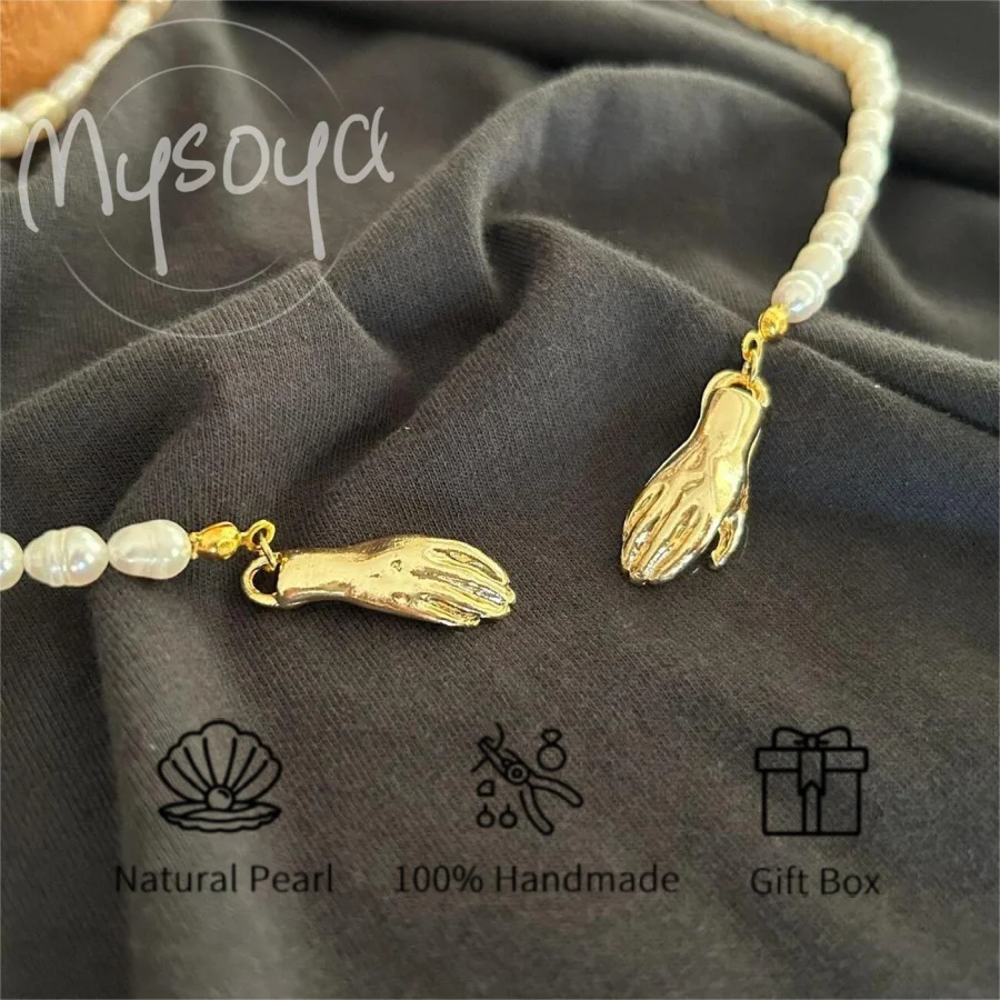 

MYSOYA 7-8 мм ожерелье из пресноводного жемчуга в форме риса, дизайн с двойными руками, подарочная коробка, ювелирные изделия унисекс для свадьбы, дня рождения, Рождества