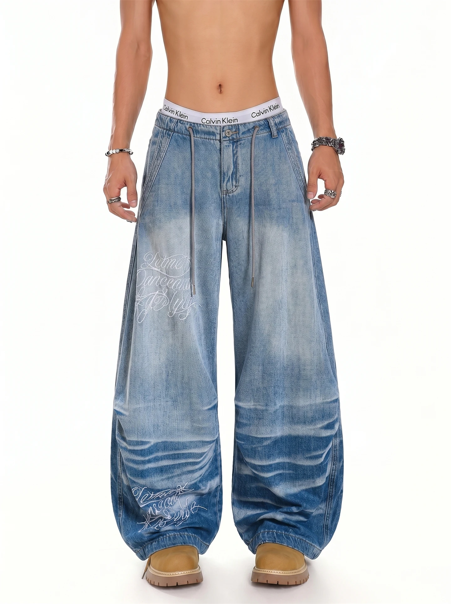 Retro Washed American High Street Wide Leg Knife  Jeans Men's Embroidered Letter Water Wave Pattern Casual Straight Cut
