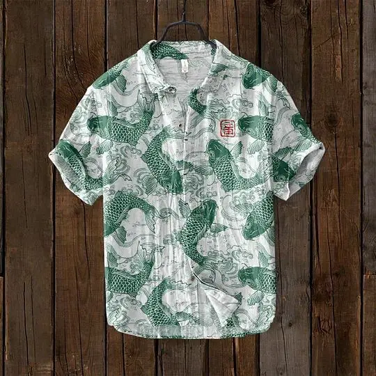 Hawaii\'s new Chinese art carp pattern printed men\'s short sleeved shirt, comfortable linen fabric for casual street wear