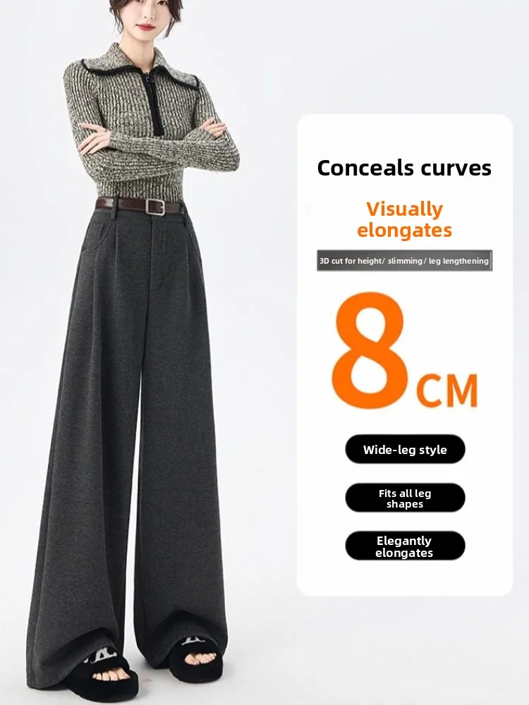 بنطلون نسائي واسع الساق بخصر مرتفع للخريف والشتاء، بنطلون بدلة فضفاض مبطن بنمط مطبوع كاجوال...