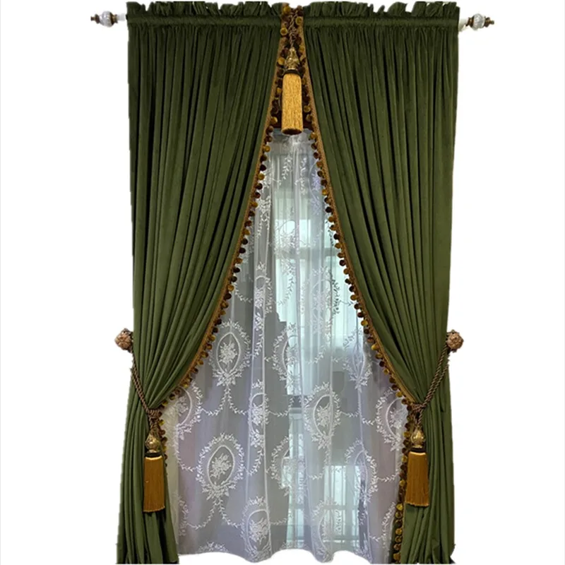 Olive Green Velvet Drape American Retro Solid Thick Blackout Curtain For Home Window Decoration