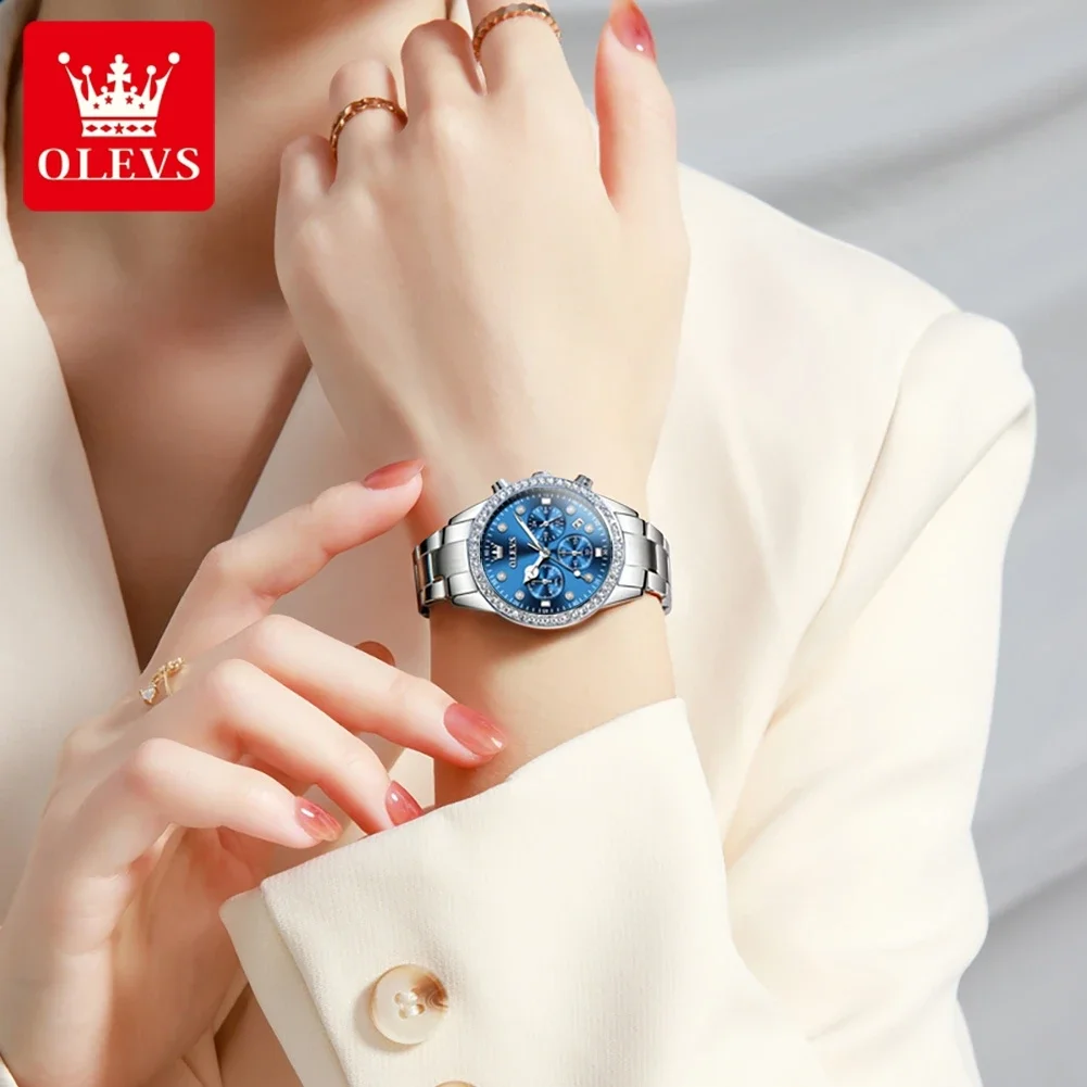 OLEVS 9909 Quartz Watch for Women Luxury Elegant Multifunctional  Wristwatch Chronograph Waterproof High Quality Lady Watch Gift