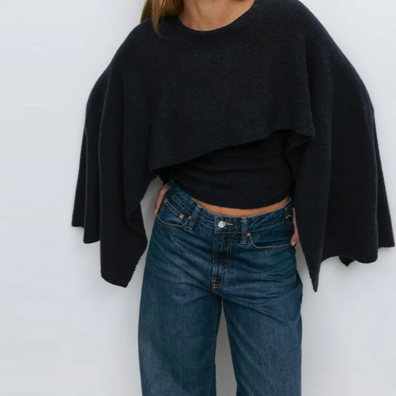 أنيقة المرأة كيب سترة الجولة الرقبة الربط الخفافيش كم بلوفر مغزول علوي الصلبة فضفاض تريكو 2025 جديد سيدة البلوزات #3