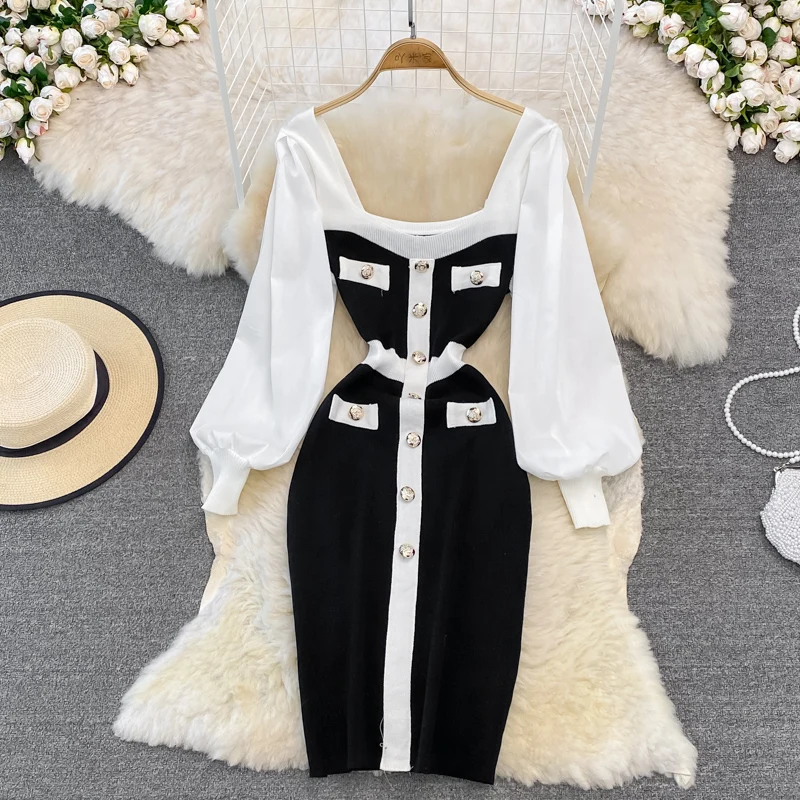 Vintage Elegant Patchwork Square Neck Long Sleeve Knit Dress Casual Women Fashion High Waist Summer Spring Hip Wrap Dress