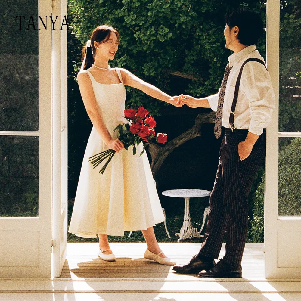 

Атласное свадебное платье с квадратным вырезом без рукавов, ТРАПЕЦИЕВИДНОЕ свадебное платье до щиколотки, простое Короткое свадебное платье на молнии TSWD335