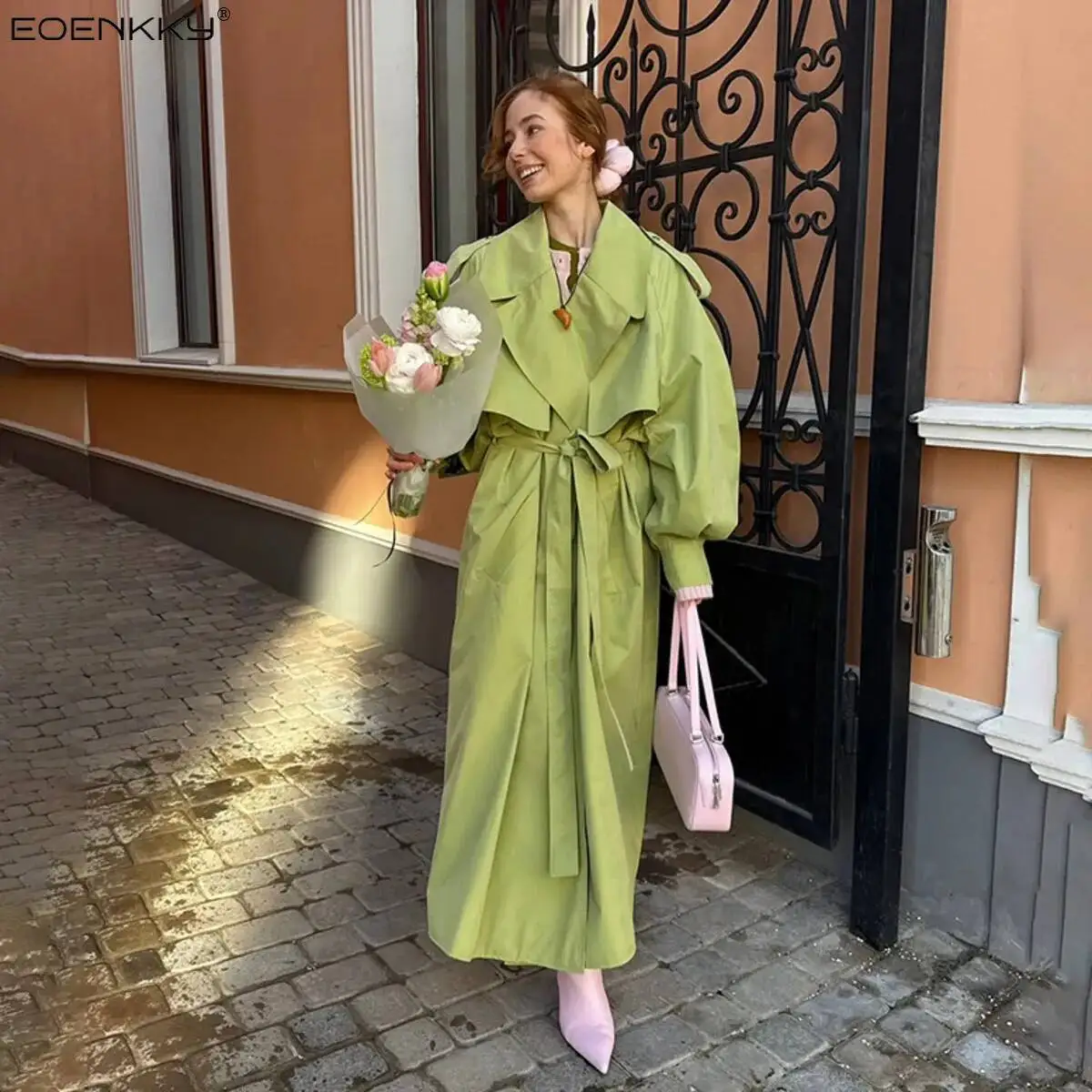 

Women Green Lapel Trench Coat Long Sleeve Belted Loose Fit Outerwears 2025 New Autumn Fashion Street Travel Leisure Lady Tops