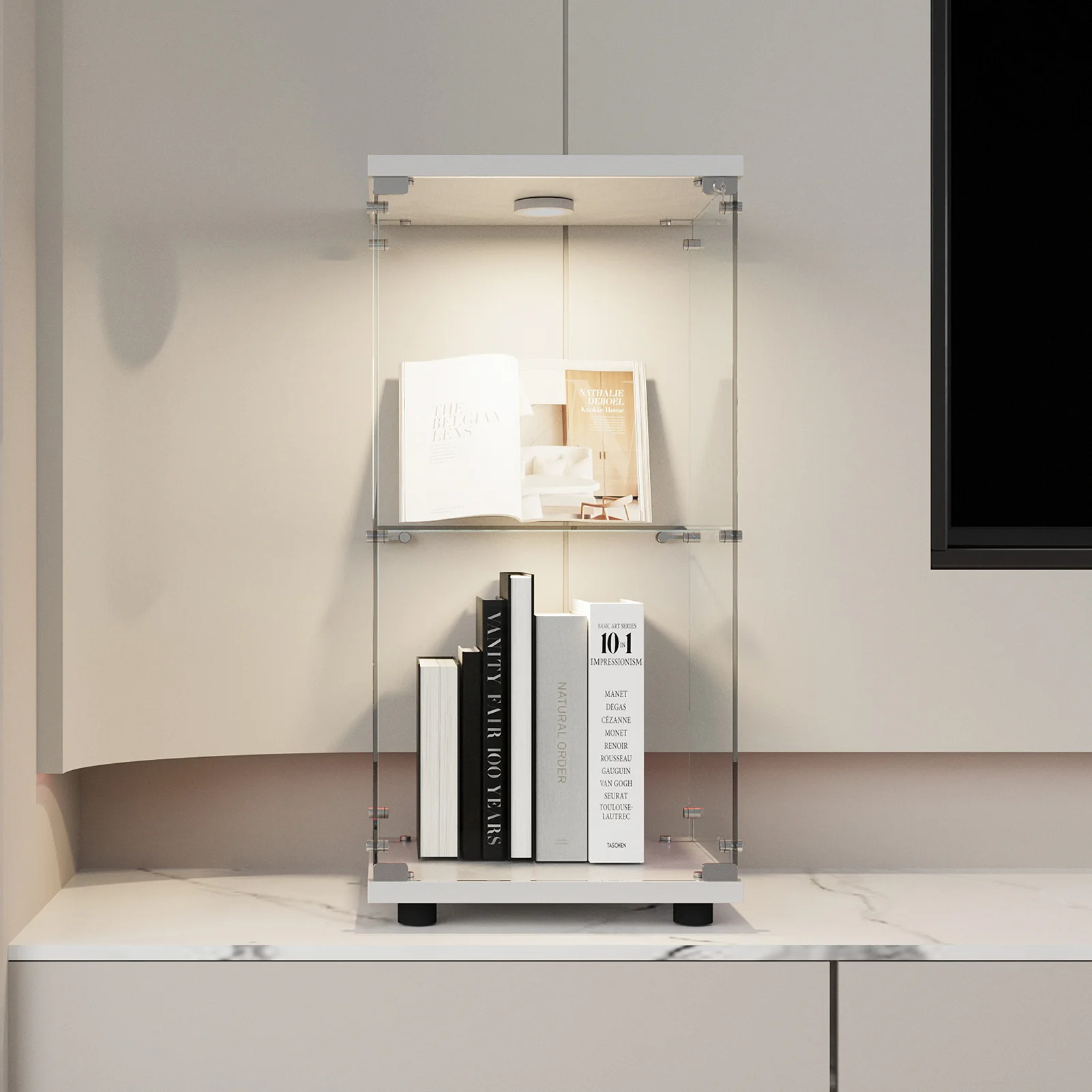 Vitrine à une porte avec 2 ou 3 étagères en verre trempé et éclairage LED, meuble d'exposition sur pied pour objets de collection, vins et livres, blanc/noir, pour salon ou bureau