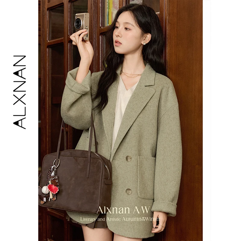 

ALXNAN 2025 осенне-зимний тренд, женское шерстяное пальто, костюм с воротником с лацканами и заниженными рукавами, однобортная теплая верхняя одежда L50951