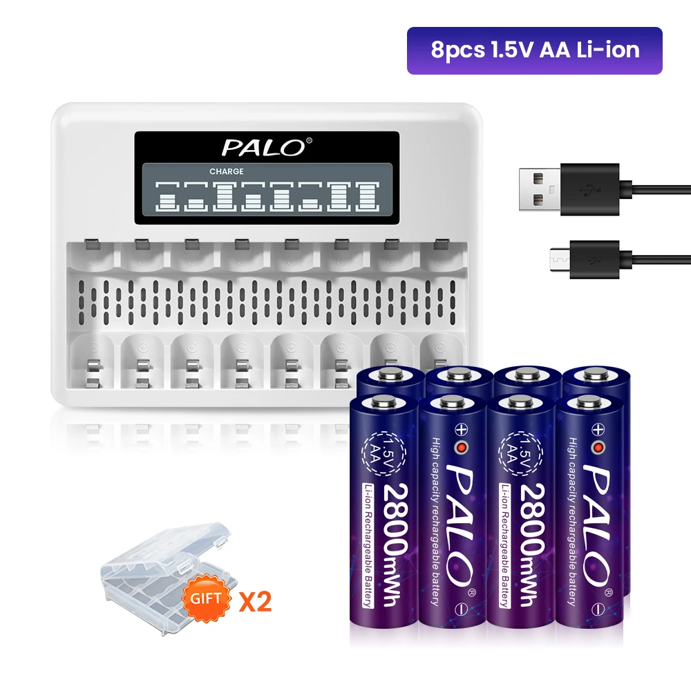 

PALO 8slots USB 1.5V AA Battery Charger With 1.5V 2800mwh AA 2A Rechargeable Lithium Batteries For Toy Remote Control MP3