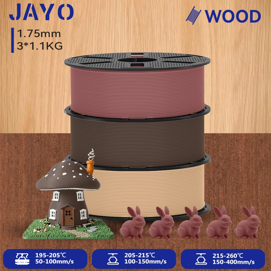 Image of JAYO 3 Rollen Holz-PLA 3D-Filament 1,75mm 1,1KG/Rolle PLA Holztextur 3D-Drucker-Filament 10-15% Holzfaser 3D-Druckmaterialien