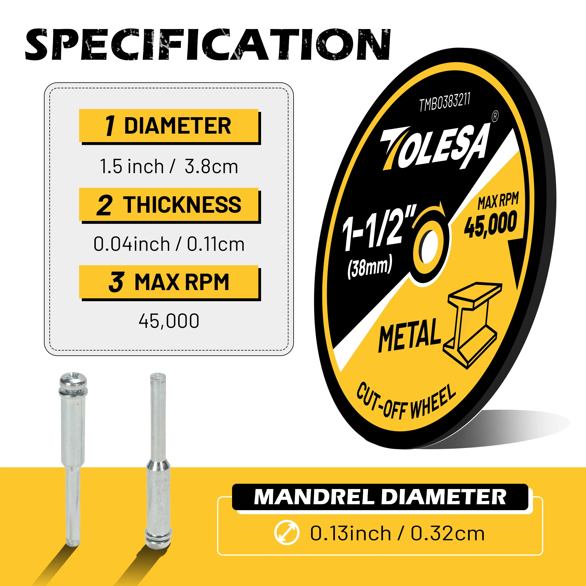 

TOLESA 50PC 1-1/2 Cut Off Wheel 1.5" x 1/8" Fiberglass Reinforced Cutting Wheel Include 2 Mandrel Metal Cutting Disc Accessories