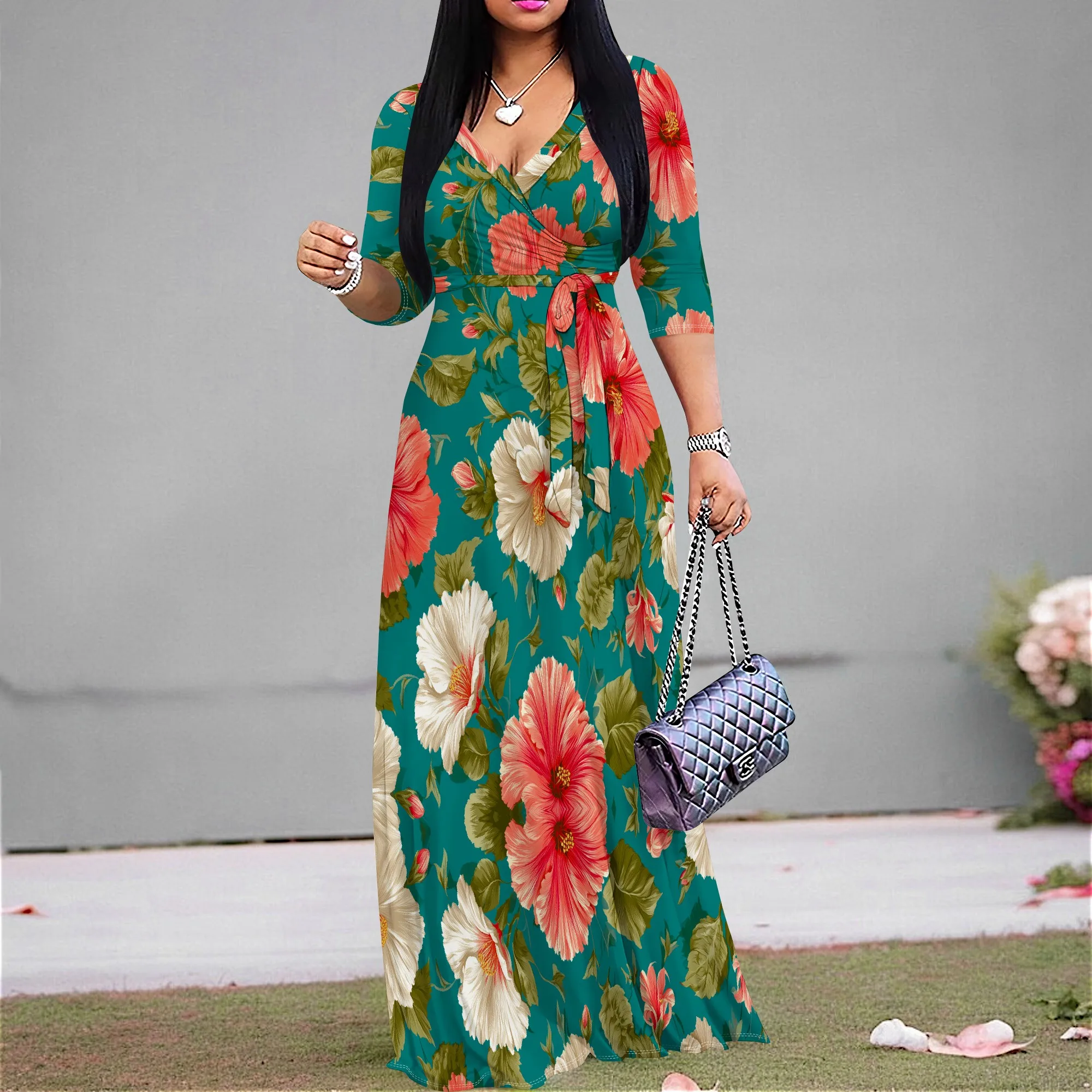 

Elegant Women's V-Neck Maxi Dress 3/4 Sleeve Tie Waist Floral Boho Print Long Dress for Spring Summer