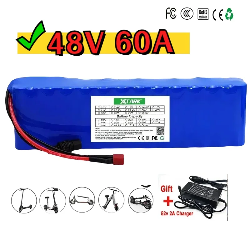 

48V 60Ah 18650 Lithium Battery Pack 13S2P 1000W High Power Battery 54.6V 30000mAh Electric Bicycle Electric Scooter BMS + Fuse