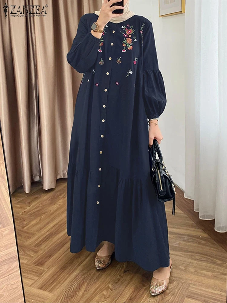 

ZANZEA Womens Elegant Eid Dress Loose Lantern Sleeves Muslim Vintage Fashion Abaya Robes Floral Embroidery Modest Maxi Dresses