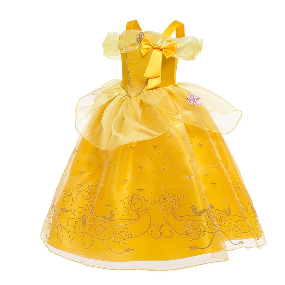 Princess Belle Cosplay Dress Disney Floral Off Shoulder Mesh Kid LED Light Halloween Costume Beauty and the Beast Birthday