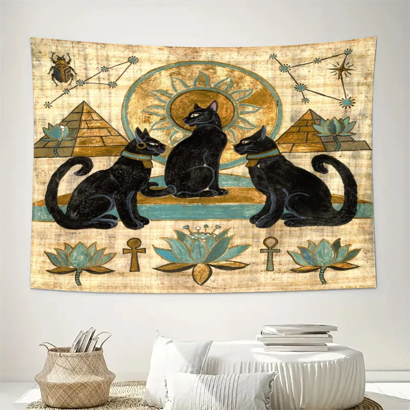 Bohemian Cat Zodiac Tapestry Wall Hanging Mystical Black Cat Egyptian Pyramids Celestial Astrology Boho Style Home Decor Art Pri