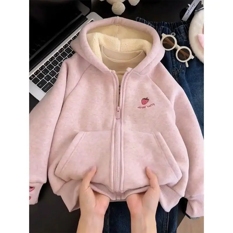 Kawaii Casual Coat Tops Fashion Children S Clothing Winter Girls Alpaca Fleece Jacket Thickened Hooded Sweatshirt 2024 New Big