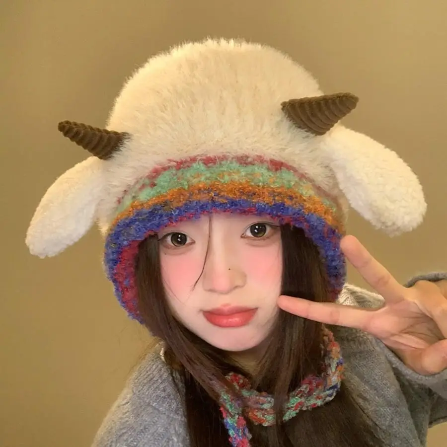 Berretti invernali in peluche Cartoon pecorelle Cappello soffice Caldo berretto lavorato a maglia con lacci Cofani da donna Cappelli pullover antivento stile Y2K