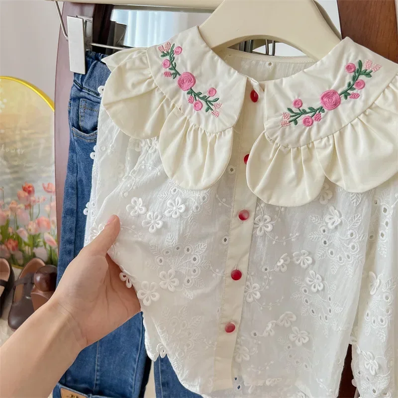 New Girl Doll Shirt Children Spring Clothes Korean Embroidered Shirt Foreign Style Baby Fashionable Top Korean Simple Style