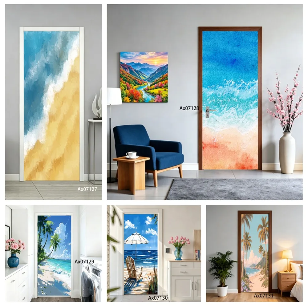 Tropical Beach Wave Oil Painting Door Sticker, Self Adhesive Mural for Full Door Wrap Wallpaper