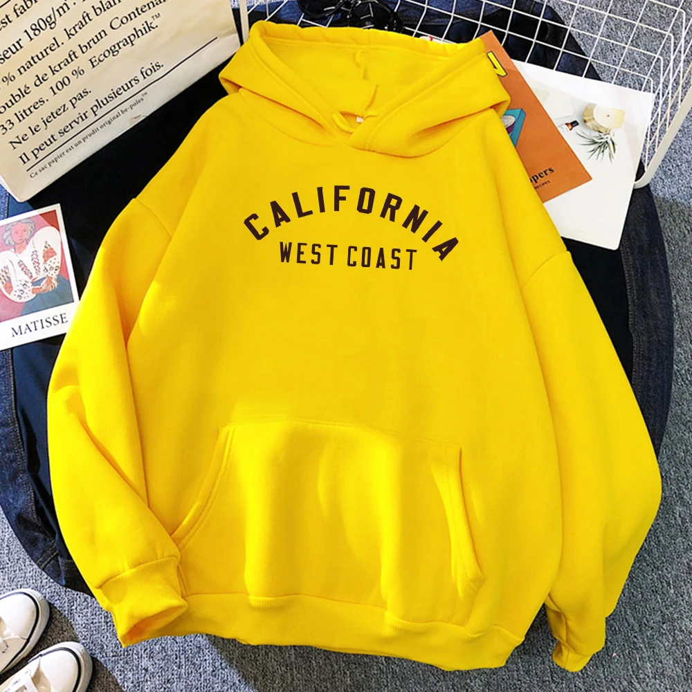 California West Coast Letter Hoodies Female Pocket Autumn Clothes Trendy Fleece Streetwear Loose Comfortable Hoodies For Woman