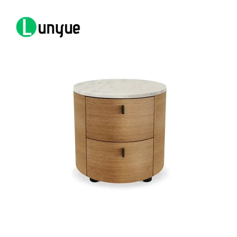 Modern Luxury Round Wooden Bedside Table with 2 Drawers for Bedroom Nightstand Storage Furniture Home Decor