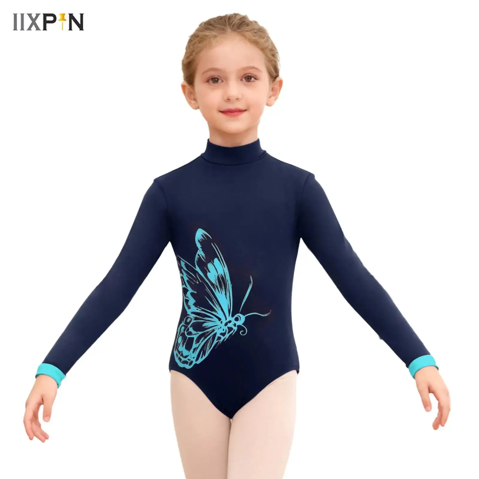 

Kids Girls Fleece Lined Gymnastics Ballet Dance Leotard Mock Neck Long Sleeve Butterfly Pattern Leotard Bodysuit Practic Costume